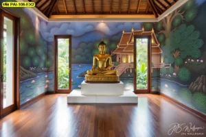ห้องปฏิบัติธรรมผนังกระจกใสตกแต่งด้วยวอลเปเปอร์ลายจิตรกรรมไทยร่วมสมัยแบบพาโนรามาโอบล้อมห้องด้วยภาพทิวทัศน์ป่าหิมพานต์และวิถีชาวน้ำ