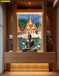 การออกแบบมุมพระพุทธรูปในบ้านด้วยวอลเปเปอร์ลายจิตรกรรมไทยร่วมสมัยในตู้ไม้บิวท์อินแบบโมเดิร์นพร้อมซ่อนไฟ LED เพิ่มมิติความงามให้งานศิลปะ