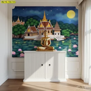 ภาพพุทธศิลป์วอลเปเปอร์ลายจิตรกรรมไทยร่วมสมัยดีไซน์โมเดิร์นประดับผนังห้องพระสีขาวสะอาดตาคู่กับตู้ลิ้นชักลอนสวยงามสร้างบรรยากาศที่สงบและทันสมัย