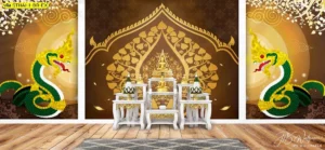 ภาพชุดลายใบโพธิ์แต่งห้องพระลวดลายพญานาคสีทองบนพื้นหลังสีน้ำตาลเข้มช่วยเสริมอำนาจบารมีและความร่มเย็นเป็นสุขภายในบ้าน