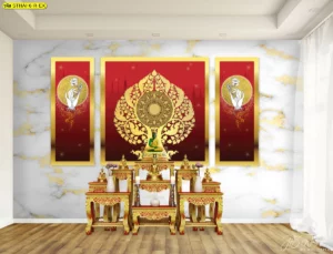 วอลเปเปอร์ห้องพระสไตล์โมเดิร์นลักชูรี่ลายใบโพธิ์ทองบนพื้นหลังหินอ่อนขาวประดับเส้นแร่ทองคำเสริมความสง่างามให้ห้องพระของคุณ