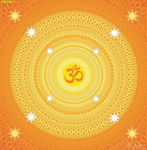 ภาพจำลองศูนย์กลางแห่งศรัทธาลายสัญลักษณ์โอมสีทองสำหรับติดฝ้าเพดานเพื่อสร้างพลังงานด้านบวกและความเป็นมงคล