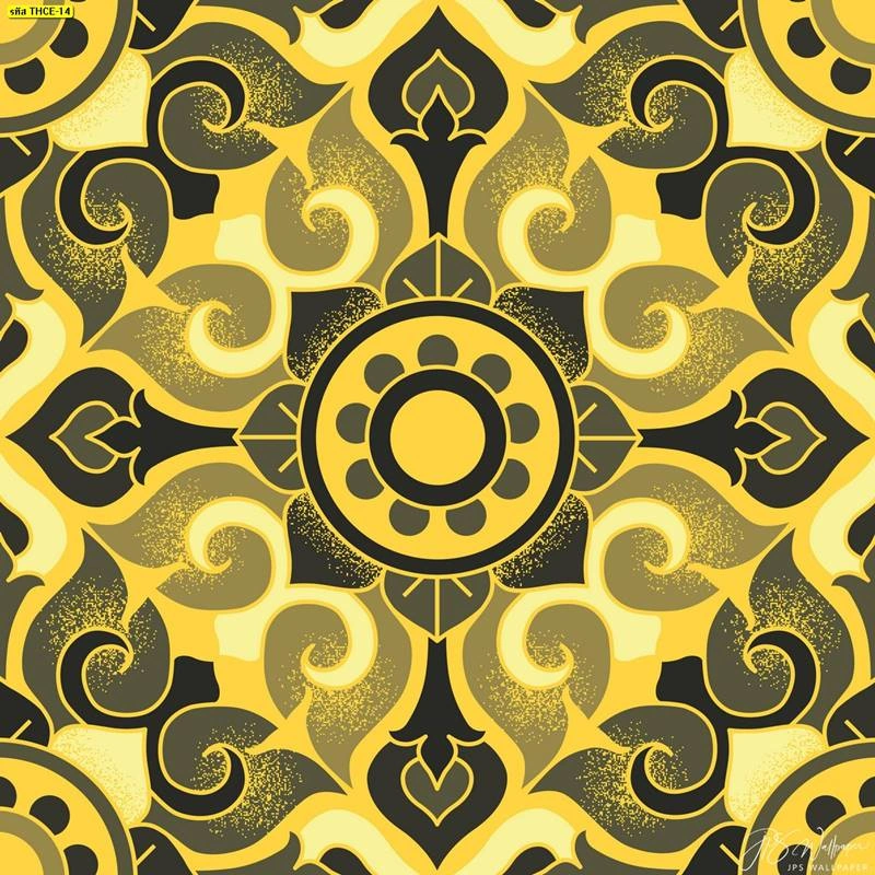 ภาพพิมพ์ติดฝ้าเพดานห้องพระลายไทยประยุกต์โทนสีเหลืองดำดีไซน์ร่วมสมัยที่ลงตัวกับบ้านสไตล์โมเดิร์น