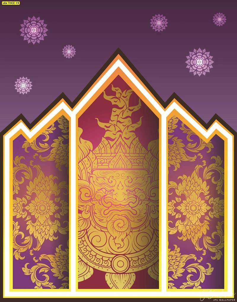ภาพพิมพ์ติดฝ้าเพดานห้องพระรูปซุ้มประตูวัดลายไทยสีม่วงทองที่ช่วยสร้างบรรยากาศศักดิ์สิทธิ์และน่าเลื่อมใสศรัทธา