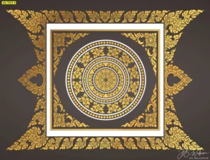 ภาพตกแต่งฝ้าเพดานห้องพระทรงสี่เหลี่ยมจตุรัสลายไทยสีทองที่ออกแบบมาเพื่อเสริมบารมีและมงคลให้กับเจ้าของบ้าน