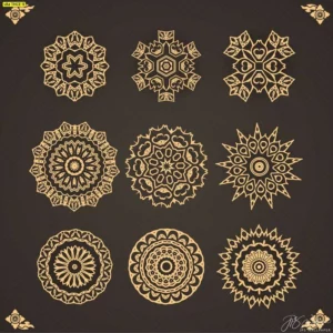 ภาพรวมไอเดียลวดลายไทยประยุกต์สีทองทรงกลมหลายรูปแบบสำหรับใช้เป็นต้นแบบงานพิมพ์ภาพตกแต่งฝ้าเพดานห้องพระให้ดูสวยงามและมีเอกลักษณ์