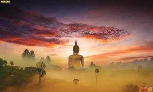 วอลเปเปอร์ห้องพระวิวภาพถ่ายในม่านหมอกยามเช้าพร้อมแสงตะวันรำไรที่ให้ความรู้สึกผ่อนคลายและดูเป็นธรรมชาติราวกับอยู่ในสถานที่ศักดิ์สิทธิ์