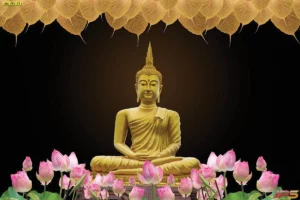 วอลเปเปอร์พระพุทธรูปสีทองล้อมด้วยดอกบัวและใบโพธิ์ สื่อถึงความสงบและความเจริญรุ่งเรือง เหมาะสำหรับห้องพระ