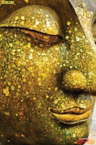 ภาพศิลปะไทยพระพุทธรูปปิดทองเปลวละเอียด เน้นความงดงามของพื้นผิว เหมาะสำหรับตกแต่งผนังห้องพระให้โดดเด่น
