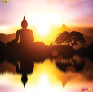 ภาพติดผนังห้องพระเสริมมงคลดีไซน์พระพุทธรูปสะท้อนผิวน้ำพร้อมแสงสีทองนวลตาช่วยเพิ่มความหรูหราและเสริมสมาธิให้กับการปฏิบัติธรรมภายในบ้าน