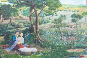 ภาพพิมพ์ไทยเล่าเรื่องวิถีชีวิตเกษตรกรในทุ่งกว้างใต้ร่มไม้ใหญ่เพื่อการตกแต่งห้องพระเสริมสิริมงคลให้บ้านและครอบครัว