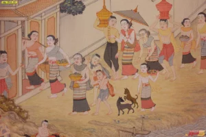 ภาพพิมพ์จิตรกรรมไทยประเพณีแต่งห้องพระลายขบวนแห่ทางภาคเหนือที่ดูอ่อนช้อยและประณีตเหมาะสำหรับบ้านสไตล์ล้านนาและไทยประยุกต์