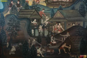 รูปวาดเล่าเรื่องชุมชนไทยโบราณติดผนังบ้านแสดงวิถีชีวิตการอยู่อาศัยบนเรือนไทยที่ล้อมรอบด้วยธรรมชาติป่าไม้อันอุดมสมบูรณ์