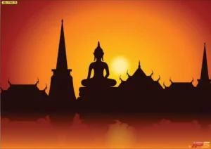 ภาพวอลเปเปอร์พระพุทธรูปเงาดำท่ามกลางพระอาทิตย์ตก โทนสีส้มทอง มีฉากวัดไทยและเจดีย์เรียงราย สื่อถึงความสงบและศรัทธา เหมาะตกแต่งห้องพระ