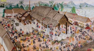 รูปติดผนังห้องพระภาพลายไทยขนาดใหญ่ลายวัดสไตล์ล้านนาที่มีความละเอียดสูงช่วยสร้างจุดนำสายตาที่ดูอลังการและน่าเลื่อมใสศรัทธา