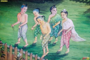 ภาพพิมพ์งานศิลปะการละเล่นเด็กไทยและวิถีชาวนาโบราณในฉากการละเล่นเดินกะลาที่สะท้อนความรุ่งเรืองของวัฒนธรรมท้องถิ่นไทย