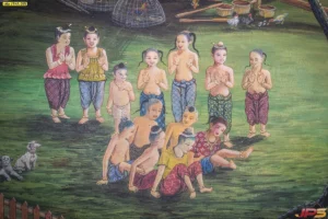 ภาพติดผนังมงคลชุดวิถีชีวิตไทยชนบทสไตล์ภาพวาดมือจำลองการรวมกลุ่มเล่นของเด็กไทยในสมัยก่อนที่ให้ความรู้สึกอบอุ่นจริงใจ