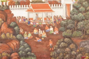 ภาพพิมพ์จิตรกรรมไทยประเพณีลายศาลาไม้กลางป่าที่เงียบสงบช่วยสร้างสมาธิและเสริมความผ่อนคลายในพื้นที่สำหรับสวดมนต์ไหว้พระ