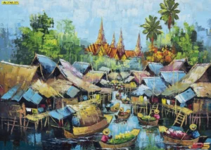 ภาพพิมพ์จิตรกรรมวิถีบ้านและชุมชนไทยแบบสีน้ำมันเทคนิคเกรียงถ่ายทอดบรรยากาศตลาดน้ำและวิถีชีวิตริมคลองที่มีชีวิตชีวา