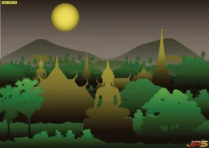ภาพวอลเปเปอร์วิววัดไทยยามเย็น มีพระพุทธรูปและธรรมชาติรายล้อม สร้างบรรยากาศสงบเหมาะสำหรับห้องพระ