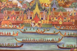 ภาพพิมพ์วอลเปเปอร์ลายวิถีชีวิตไทยโบราณขบวนพยุหยาตราทางชลมารคที่วิจิตรบรรจงช่วยยกระดับการตกแต่งภายในบ้านและอาคารให้ดูภูมิฐานทรงคุณค่า
