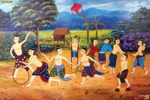 ภาพพิมพ์งานศิลปะการละเล่นเด็กไทยและวิถีชาวนาโบราณแสดงการเล่นว่าวและวิ่งเล่นอย่างสนุกสนานท่ามกลางบรรยากาศภูเขาสีฟ้า