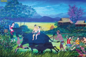 ภาพพิมพ์วิถีชีวิตพื้นบ้านไทยย้อนยุคตกแต่งห้องพระแสดงภาพครอบครัวชาวนากับควายคู่ใจท่ามกลางทุ่งนาสีเขียวขจีดูแล้วร่มเย็น