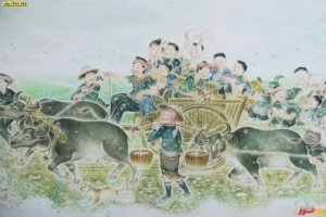 ภาพศิลปะไทยวิถีชีวิตการทำนาด้วยควายและการเดินทางในอดีตที่ถ่ายทอดความอบอุ่นของสังคมไทยใช้ตกแต่งผนังห้องเพื่อสร้างบรรยากาศผ่อนคลาย