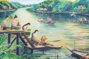 ภาพพิมพ์ลายไทยเล่าเรื่องวิถีชีวิตการใส่บาตรริมน้ำท่ามกลางบรรยากาศธรรมชาติที่สงบเงียบเหมาะสำหรับติดกระจกห้องพระเพิ่มความเป็นสิริมงคล