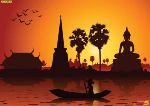 วอลเปเปอร์เงาวัดและเรือกลางน้ำยามพระอาทิตย์ตก โทนสีเข้มสร้างความสงบลึก เหมาะสำหรับห้องพระหรือพื้นที่สมาธิ