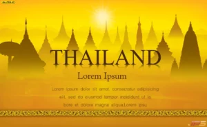วอลเปเปอร์วิววัดไทยโทนสีทองพร้อมข้อความ Thailand สร้างความรู้สึกหรูและเป็นเอกลักษณ์ในห้องพระ