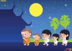ภาพวอลเปเปอร์ลายการ์ตูนสามเณรตักบาตรและเวียนเทียนพร้อมเด็กๆในคืนวันเพ็ญตกแต่งห้องพระดึงดูดใจเยาวชนยุคใหม่