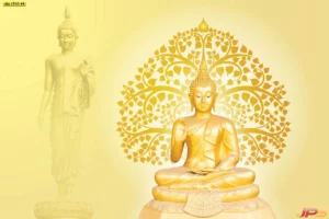 ภาพพระพุทธรูปสีทองพร้อมลายต้นโพธิ์ด้านหลัง โทนสีอบอุ่น เหมาะสำหรับตกแต่งผนังห้องพระให้ดูสงบ