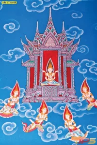 ภาพปราสาทไทยบนพื้นฟ้า รายล้อมด้วยเทพพนมและลายเมฆ เหมาะกับผนังห้องพระที่ต้องการจุดเด่นแบบไทย