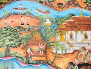 สั่งพิมพ์ภาพศิลปะไทยมงคลตามขนาดรูปวัดวาสถาปัตยกรรมไทยโบราณพร้อมช้างมงคลสื่อถึงความเจริญรุ่งเรืองและร่มเย็นเป็นสุขของครอบครัว