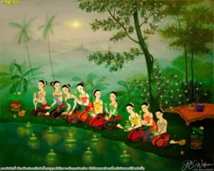 ภาพติดผนังลายประเพณีลอยกระทง โทนสีเขียวธรรมชาติ ต้นฉบับความละเอียดสูง เหมาะสำหรับการนำไปพิมพ์สติ๊กเกอร์ตกแต่งร้านอาหาร