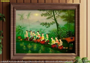 ภาพวาดศิลปะไทยตกแต่งผนังลายลอยกระทง โทนสีเขียวสดใสพร้อมกรอบไม้สวยงาม ช่วยเพิ่มความสดชื่นและเอกลักษณ์ไทยให้แก่ร้านอาหาร