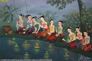 ภาพศิลปะไทยลอยกระทงตกแต่งผนังขนาดใหญ่ ลวดลายหญิงไทยโบราณเพิ่มความหรูหราและเอกลักษณ์ให้พื้นที่ภายใน