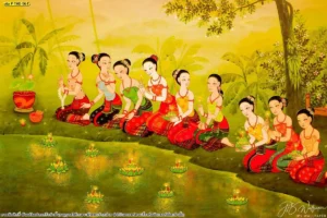 ภาพศิลปะไทยลอยกระทงสีทองสดใสติดผนัง เพิ่มความโดดเด่นและความเป็นสิริมงคลให้พื้นที่ภายใน