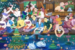 วอลเปเปอร์ติดผนังลายไทยประเพณีลอยกระทงโทนสีสดใสสมจริงแสดงวิถีชีวิตริมน้ำที่งดงามประณีตเหมาะสำหรับตกแต่งห้องรับแขก