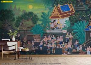 วอลเปเปอร์ลายไทยสั่งทำพิเศษตกแต่งภายในมุมพักผ่อน จัดวางสัดส่วนภาพได้พอดีกับหน้าต่างและเฟอร์นิเจอร์อย่างลงตัวไร้รอยต่อ