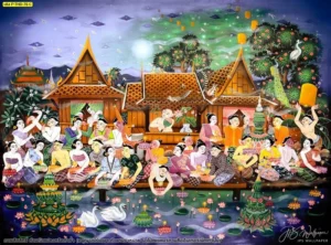 วอลเปเปอร์ลายไทยลอยกระทงภาพวาดวิถีชีวิตไทยที่มีสีสันสดใสเน้นบรรยากาศงานรื่นเริงประเพณีโบราณเพื่อประดับผนังอาคารให้ดูมีชีวิตชีวา