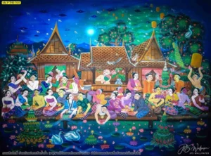วอลเปเปอร์ลายไทยลอยกระทงโทนสีน้ำเงินเข้มเน้นความลึกลับของคืนวันเพ็ญพร้อมรับพิมพ์สติ๊กเกอร์ 3M ติดกระจกลายไทยประยุกต์คุณภาพสูง