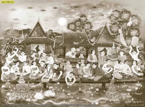 วอลเปเปอร์ลายไทยลอยกระทงโทนสีเทาขาว Monochrome ให้ลุคโมเดิร์นคลาสสิกที่ผสานเข้ากับงานตกแต่งสไตล์มินิมอลแต่ยังคงความละเอียดอ่อน