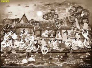 วอลเปเปอร์ลายไทยโทนสีซีเปียแต่งร้านอาหารสร้างบรรยากาศวินเทจย้อนยุคที่ทำให้ลูกค้าประทับใจในงานจิตรกรรมไทยและวิถีชีวิตพื้นบ้าน