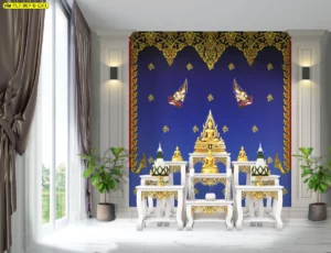 ภาพพิมพ์ลายเทพพนมพื้นหลังสีน้ำเงินเข้มตกแต่งห้องพระร่วมสมัยพร้อมงานดีไซน์ลายไทยพุ่มข้าวบิณฑ์สีทองประณีต