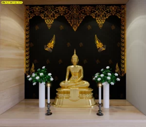 สติ๊กเกอร์ 3M พิมพ์ลายศิลปะไทยตกแต่งกระจกห้องพระลายเทพพนมสีทองสำหรับกั้นพื้นที่ปฏิบัติธรรมให้มีความเป็นส่วนตัว