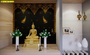 ตกแต่งมุมพระด้วยงานพิมพ์ลายไทยเทพพนมสั่งทำพิเศษวัสดุพรีเมียมให้ความสวยงามคงทนและเข้ากับสไตล์บ้านสมัยใหม่ได้ดี