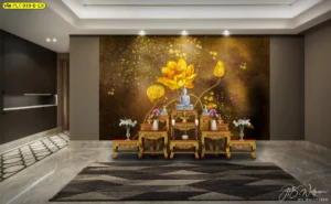 ตกแต่งผนังห้องพระสไตล์โมเดิร์นด้วยภาพวาดลายดอกบัวประดับห้องพระสีทองเหลืองอร่ามที่ออกแบบมาเพื่อเสริมความโดดเด่นให้กับพระประธานในบ้าน