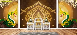 สั่งพิมพ์สติ๊กเกอร์ติดกระจกห้องพระลายไทยเทพพนมสีทองบนพื้นสีน้ำตาลเข้มเพื่อการตกแต่งบานประตูหน้าต่างห้องพระให้ดูวิจิตรตระการตา